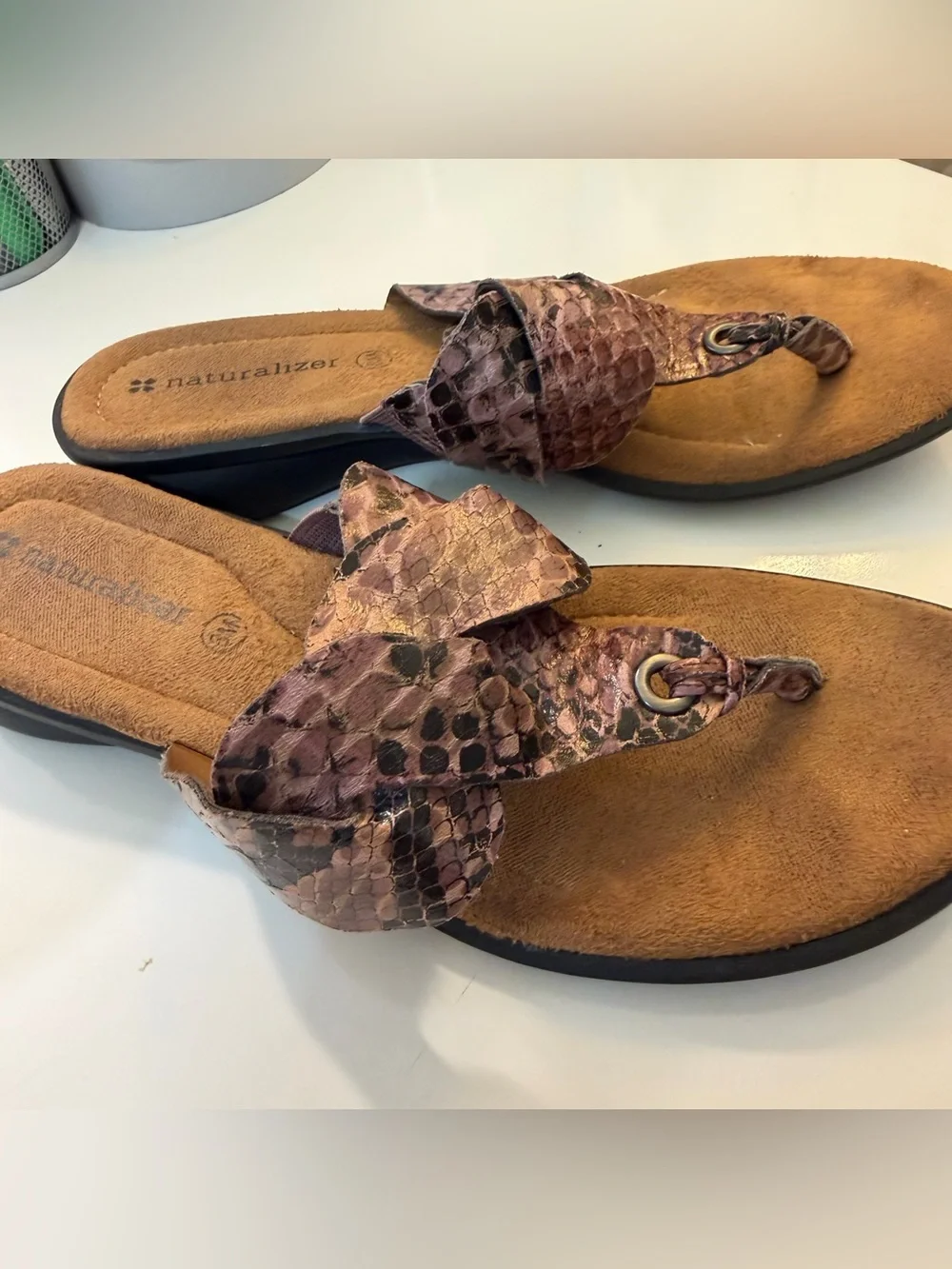 Naturalizer Braided Snake-Print Thong Sandals in Pink and Brown